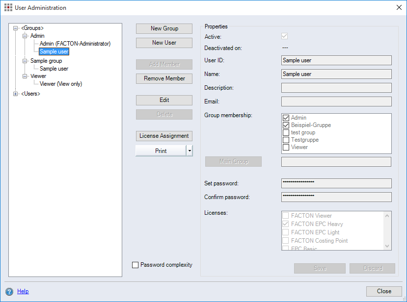 User Administration dialog
