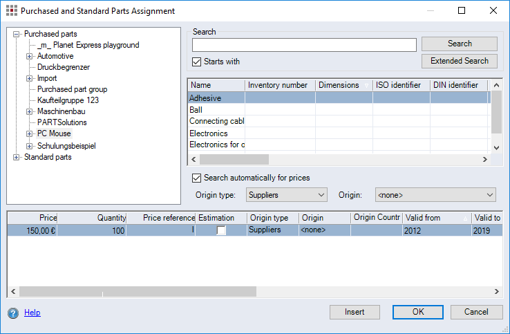 Purchased and Standard Parts dialog