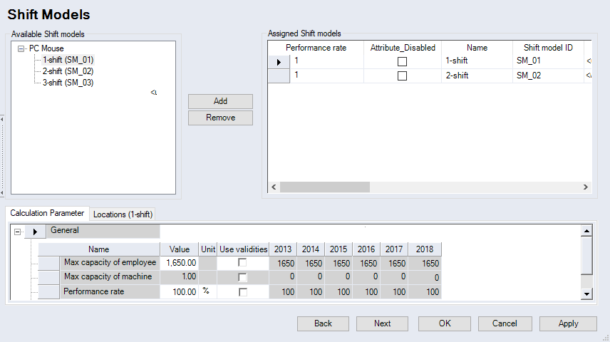 Shift Models Dialog