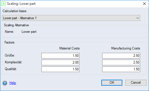 Scaling dialog (calculated)